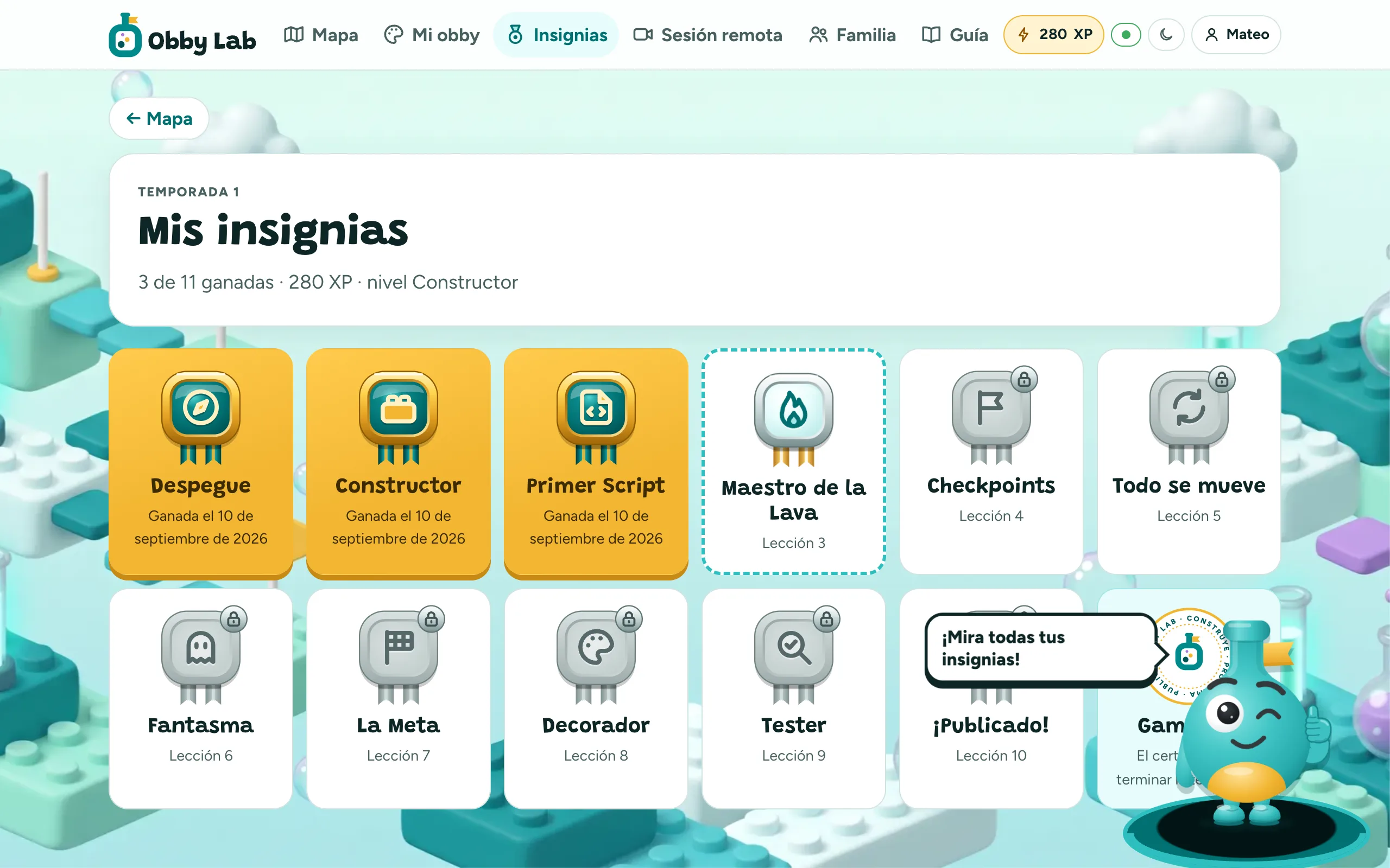 Las once insignias de la temporada, algunas ganadas y otras bloqueadas.