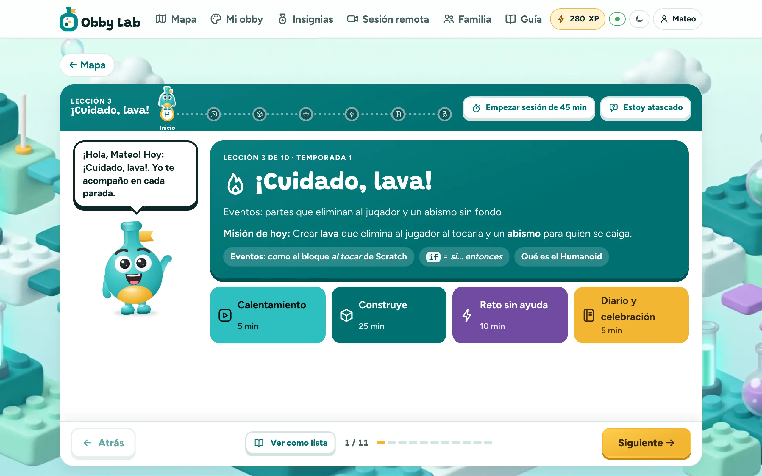 Una lección abierta: Obi saluda, el título de la lección y las cuatro fases de la sesión con sus minutos.