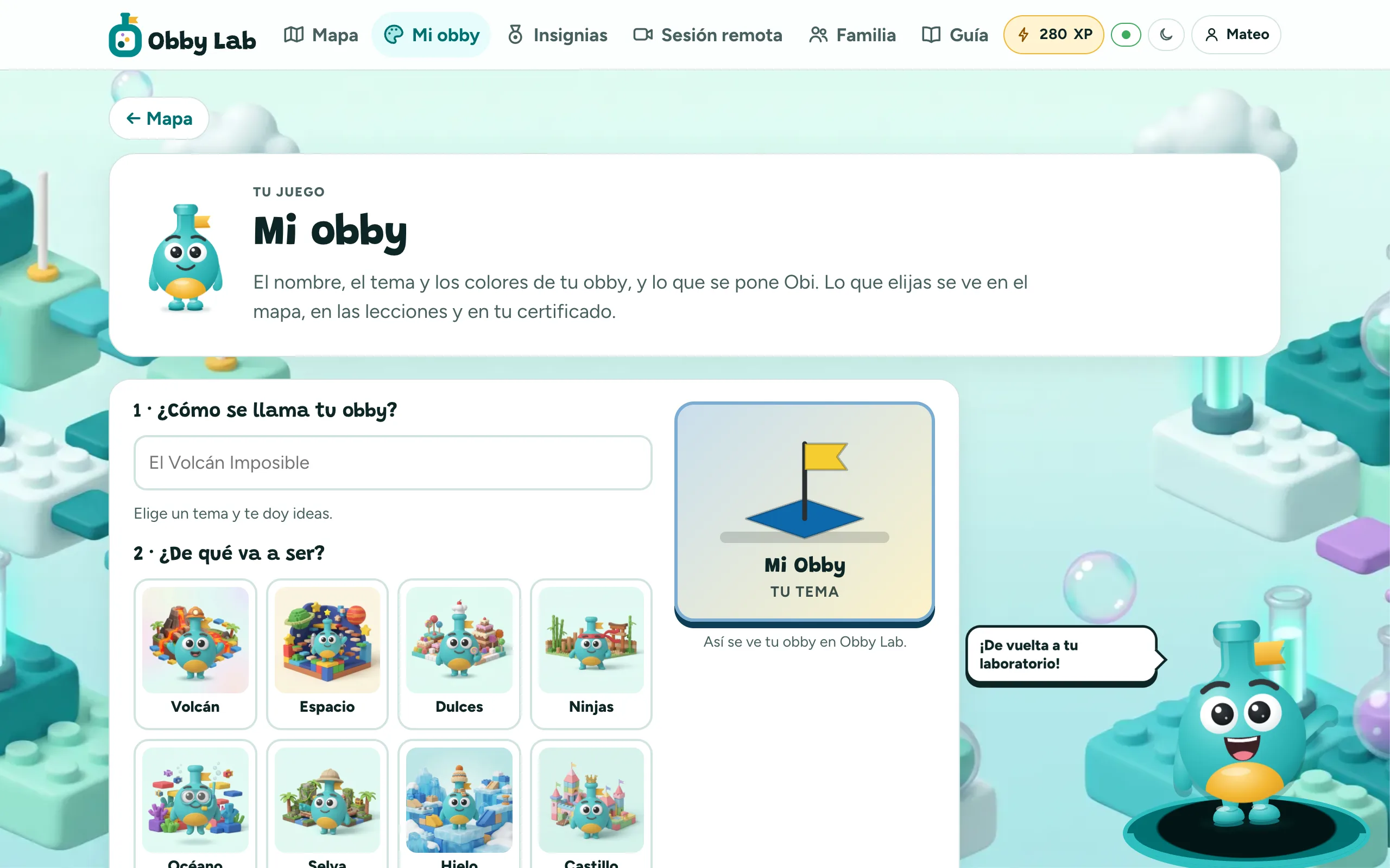 Pantalla «Mi obby»: el niño elige nombre, tema y colores de su juego.