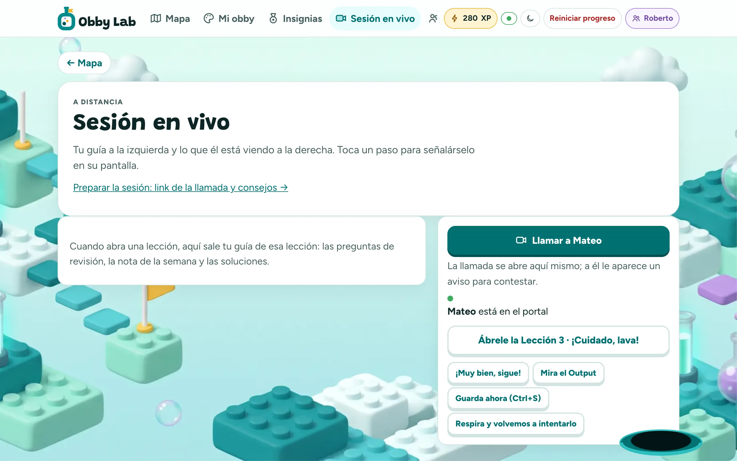 La sesión en vivo vista por el profe: botón para llamar al alumno, en qué lección está y mensajes rápidos.