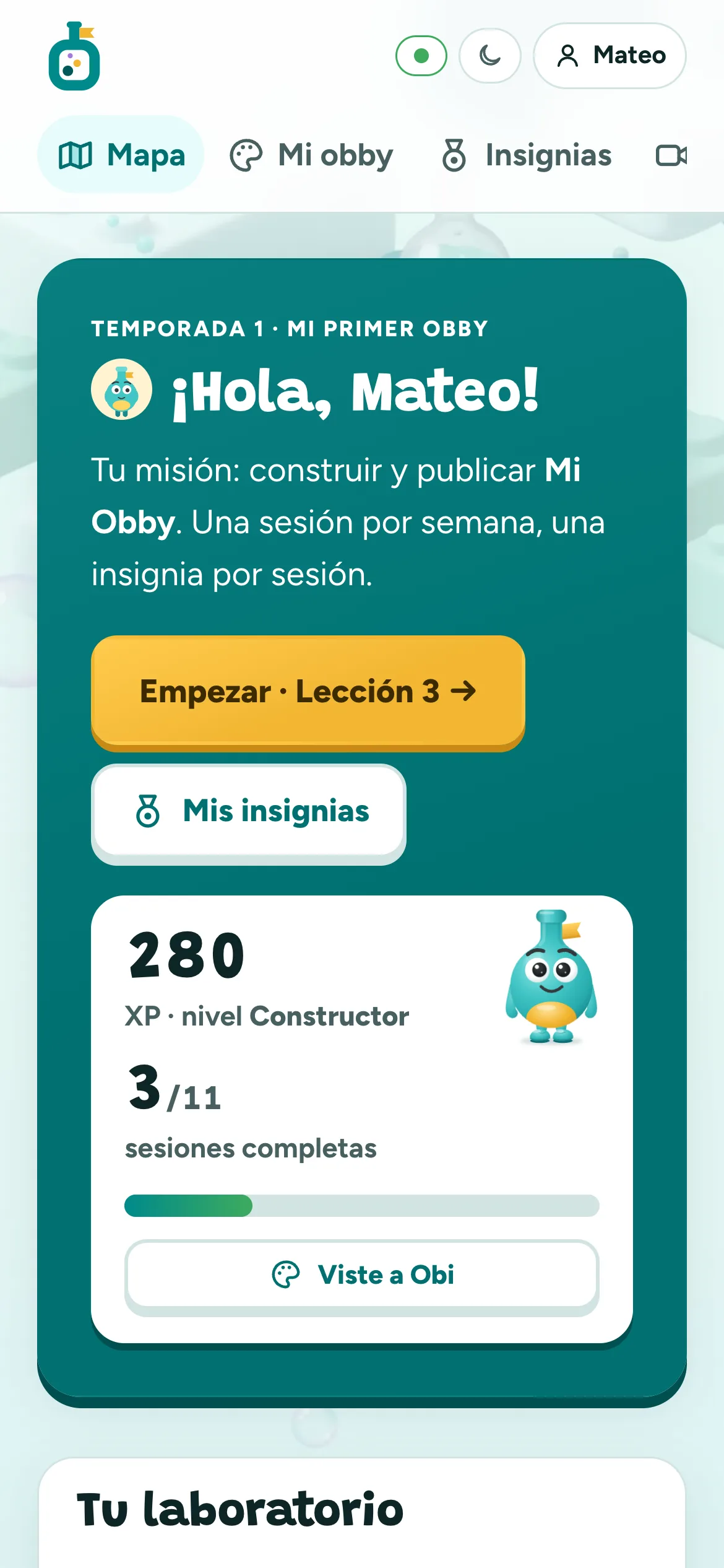 Obby Lab en un teléfono: el mapa del alumno, su XP y las sesiones completas.
